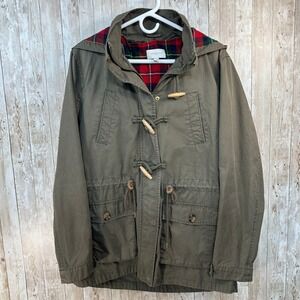 Springfield Womens Khaki Green Utility Jacket Zip Toggle Flannel Hooded‎ Coat 10